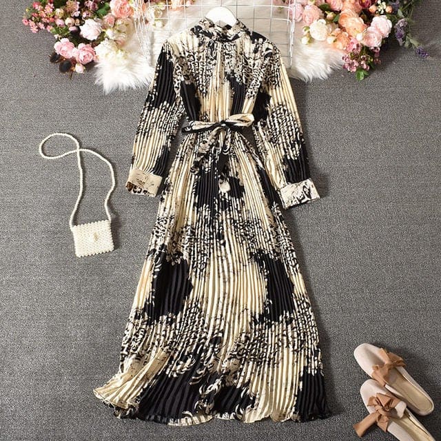 Vintage A-Line Printed Leopard Pleated Long Dress BM044