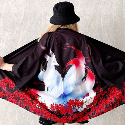 Vintage Anime Fox Blossom Print Cardigan Outerwear - Black