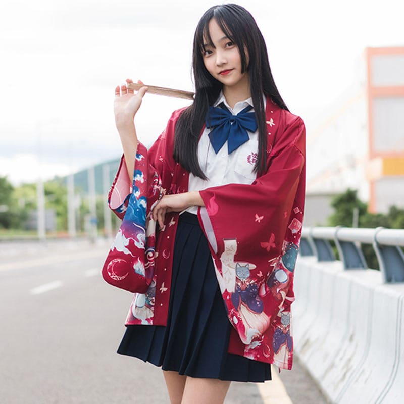 Vintage Anime Loose Cardigan Kimono Outerwear - Red / M