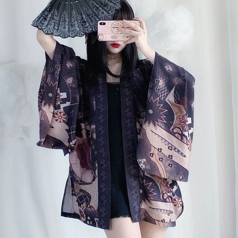 Vintage Anime Print Cardigan Kimono Outerwear - Black