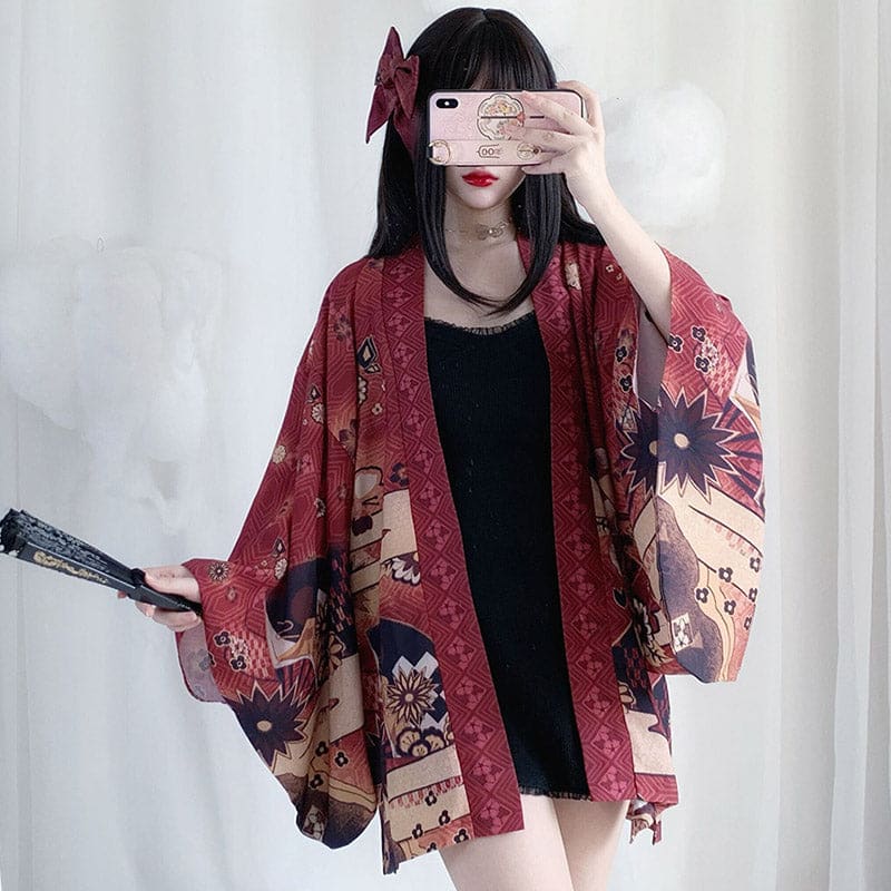 Vintage Anime Print Cardigan Kimono Outerwear - Red