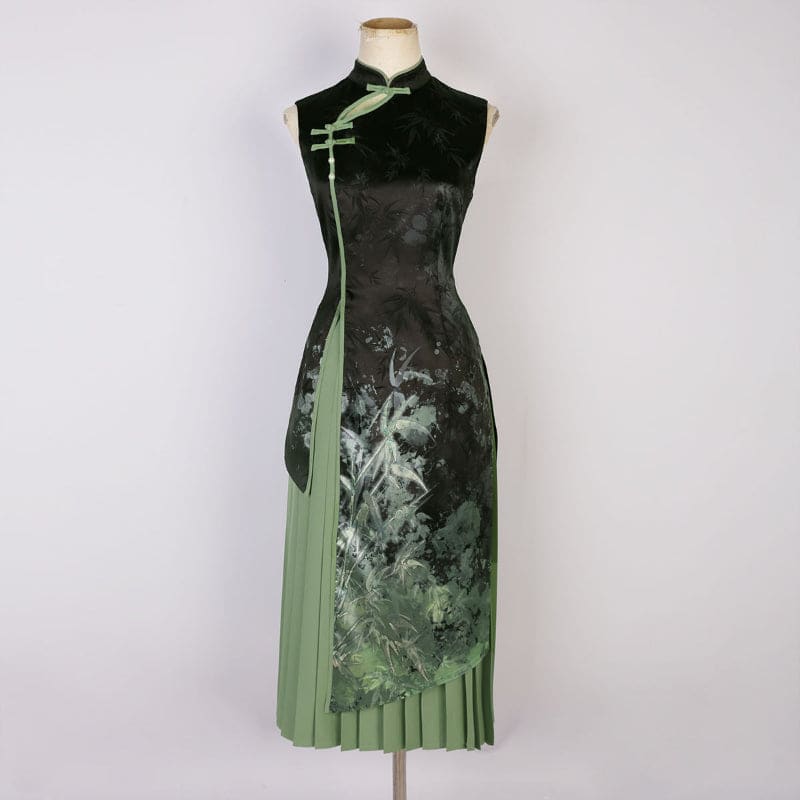 Vintage Bamboo Print Cheongsam Dress - Dress / S