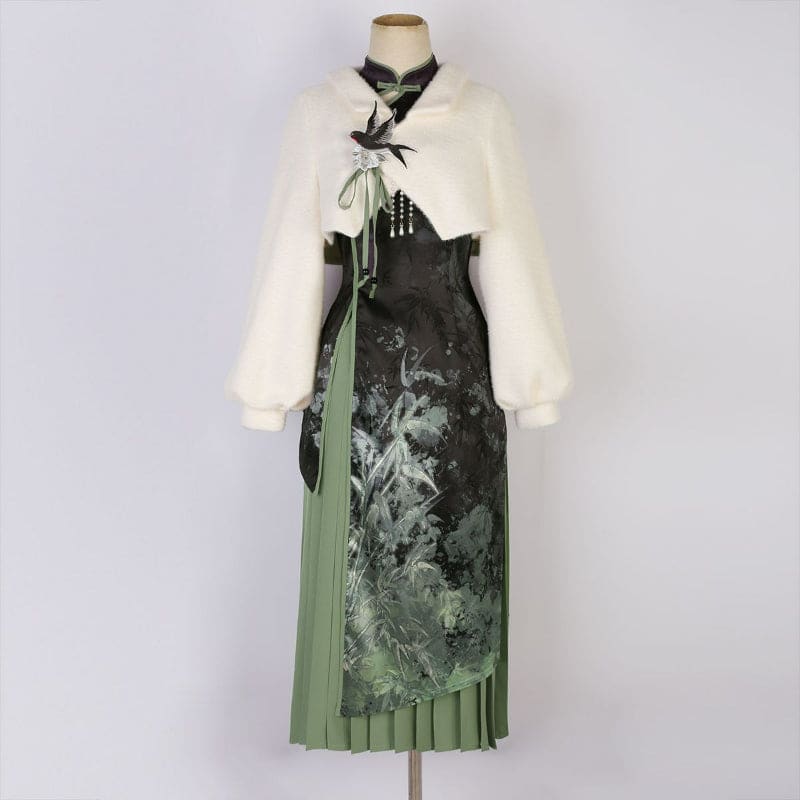 Vintage Bamboo Print Cheongsam Dress - Set / S
