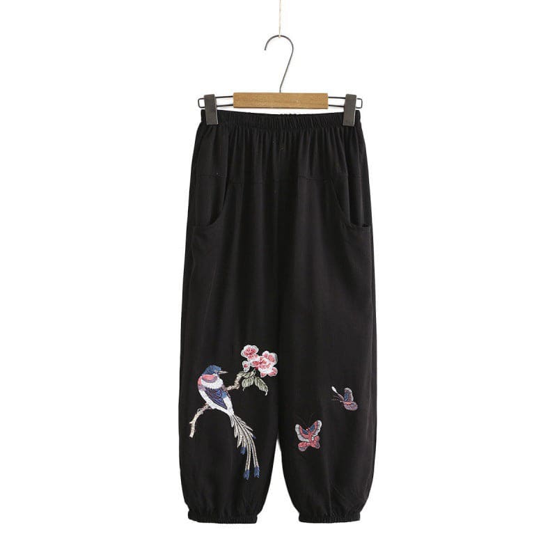 Vintage Bird Embroidery Buckle T-Shirt Pants Set - Black