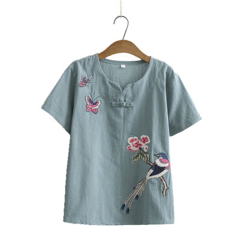 Vintage Bird Embroidery Buckle T-Shirt Pants Set - Blue