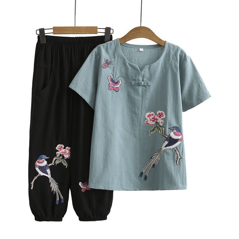 Vintage Bird Embroidery Buckle T-Shirt Pants Set - Blue