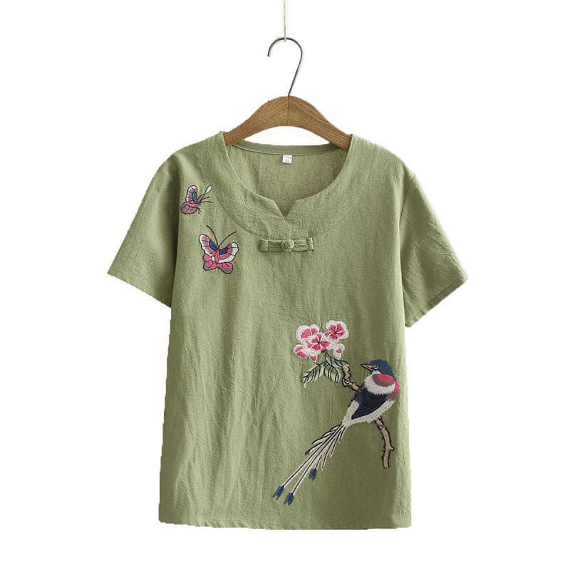 Vintage Bird Embroidery Buckle T-Shirt Pants Set - Green