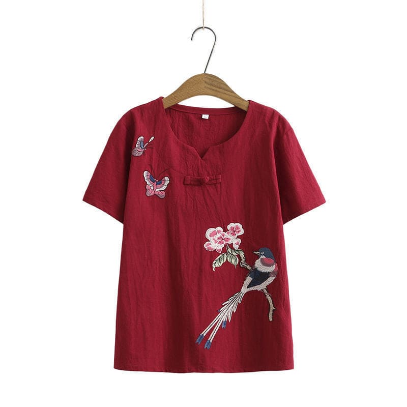 Vintage Bird Embroidery Buckle T-Shirt Pants Set - Red