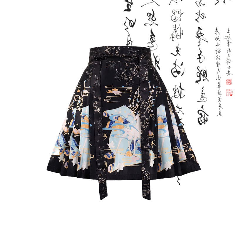 Vintage Black Bamboo Print Shirt Lace-up Pleated Skirt