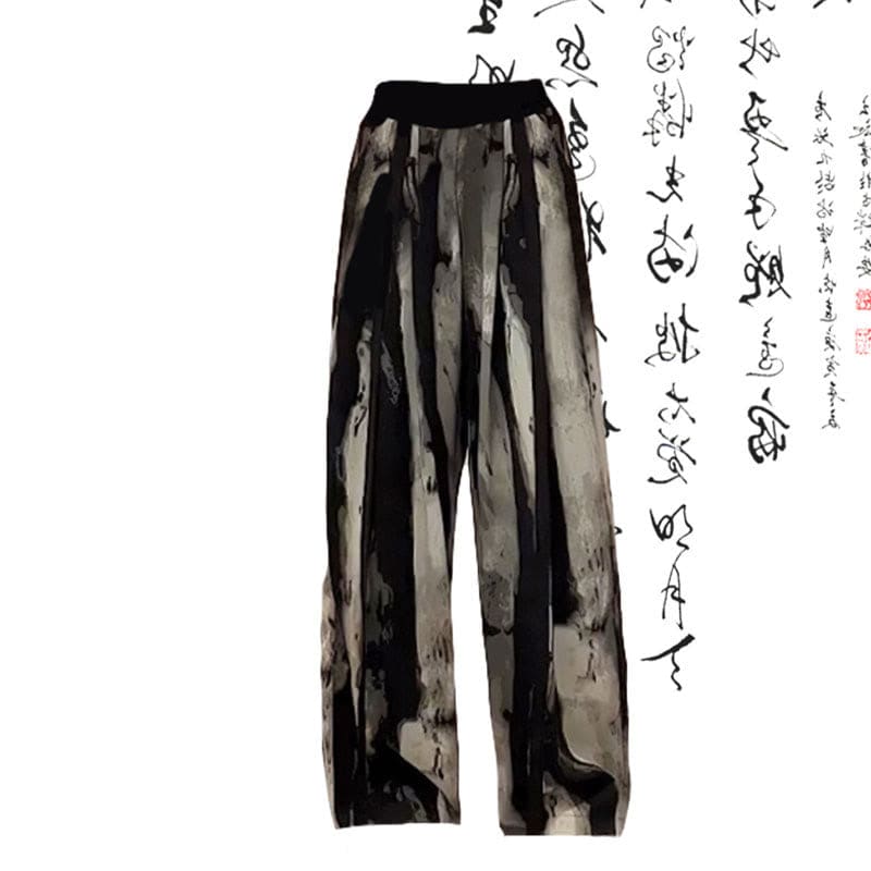 Vintage Black Bamboo Print Shirt Loose Casual Pants - Pants