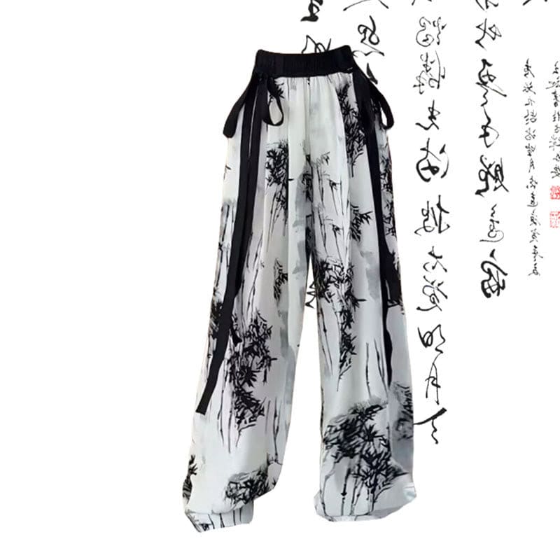 Vintage Black Bamboo Print Shirt Loose Casual Pants - Pants