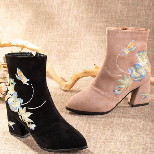 Vintage Blossom Embroidery Zipper Boots