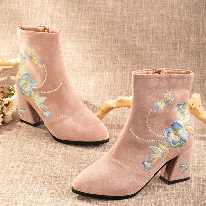 Vintage Blossom Embroidery Zipper Boots