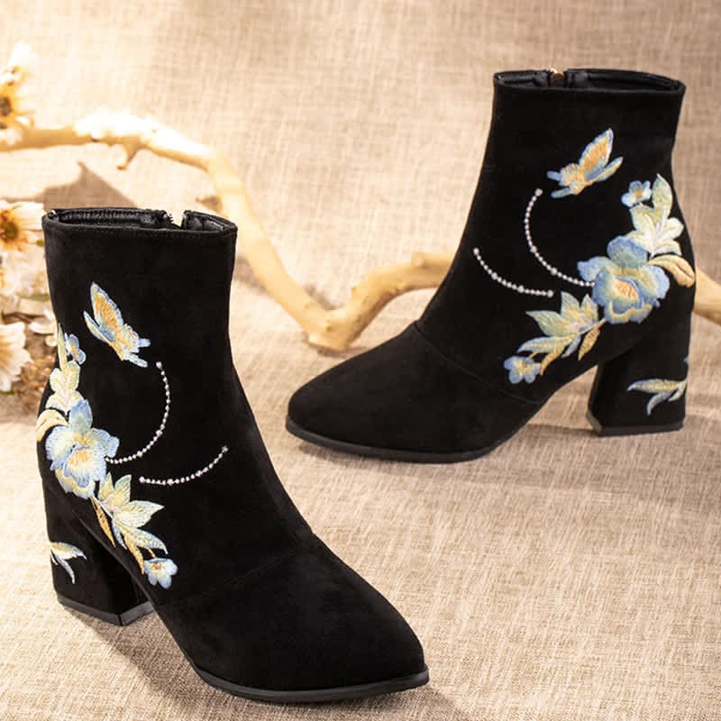 Vintage Blossom Embroidery Zipper Boots