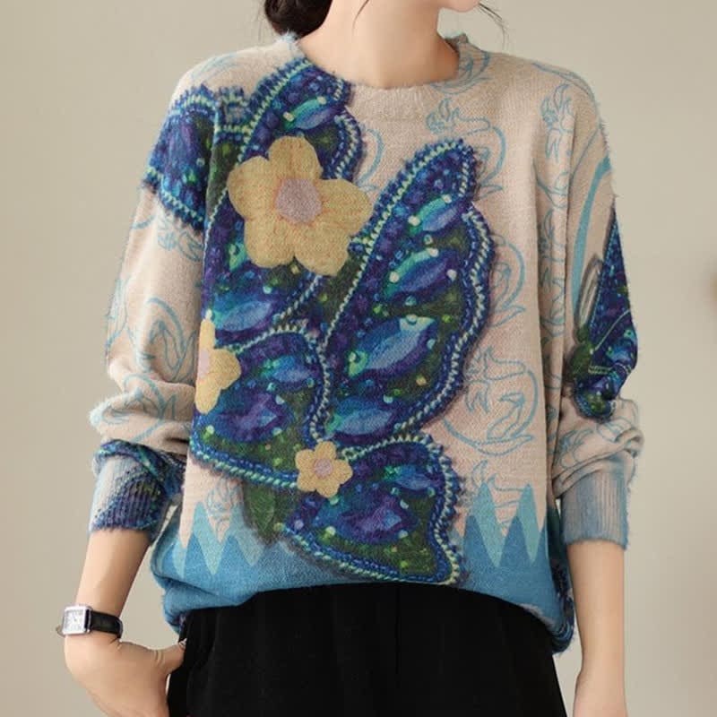 Vintage Blue Flower Butterfly Print Sweater