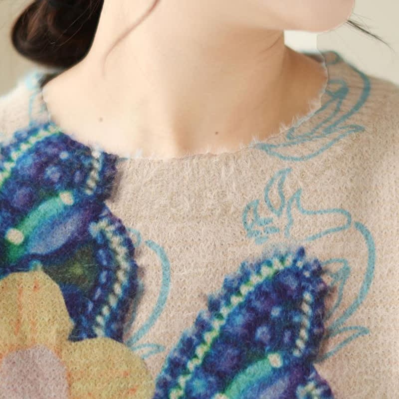 Vintage Blue Flower Butterfly Print Sweater