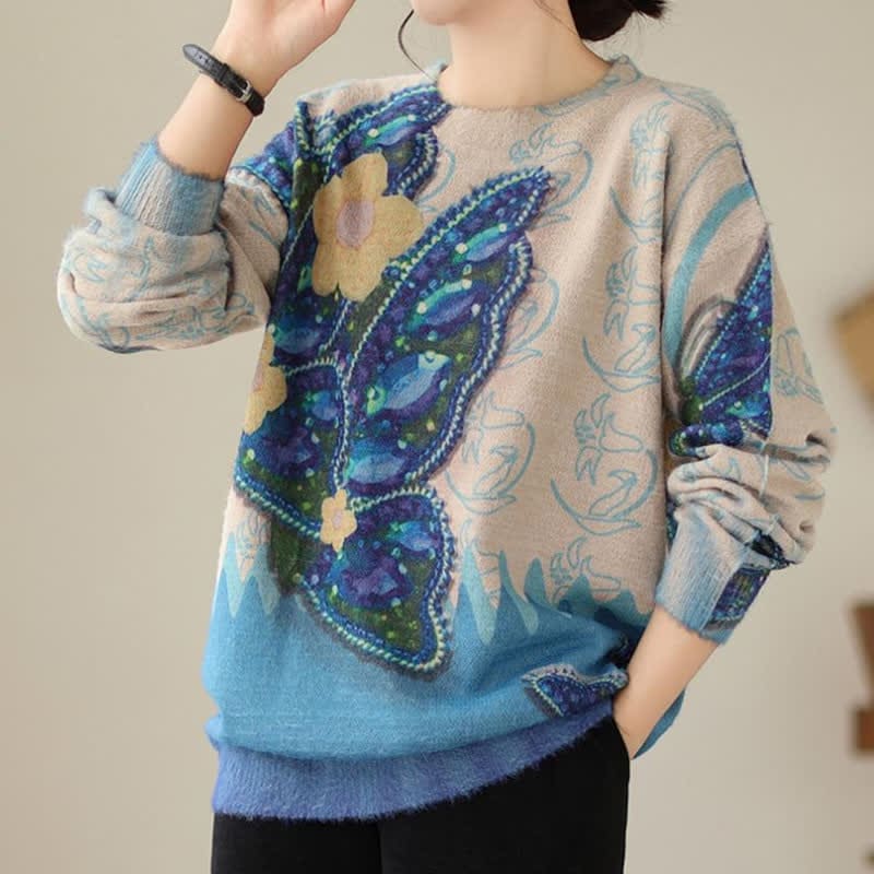 Vintage Blue Flower Butterfly Print Sweater - Blue / M