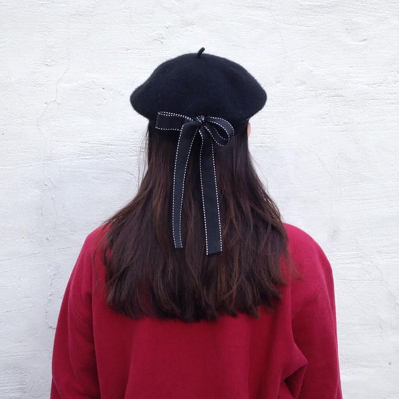 Vintage Bow Beret Hat - Black / One Size