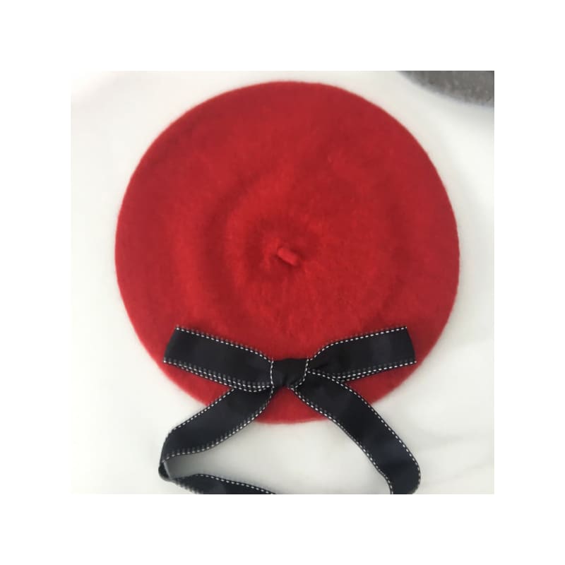 Vintage Bow Beret Hat - Red / One Size