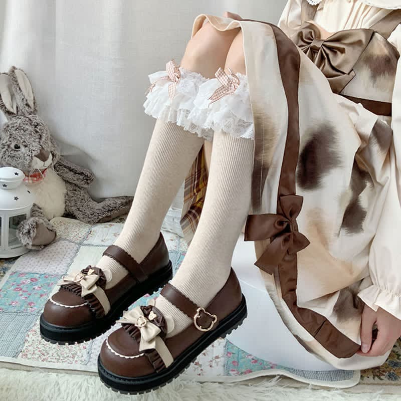 Vintage Bow Knot Button Bear Platform Lolita Shoes