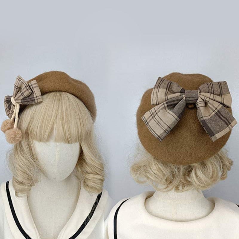 Vintage Bow Knot Plaid Lolita Beret - Brown / One Size