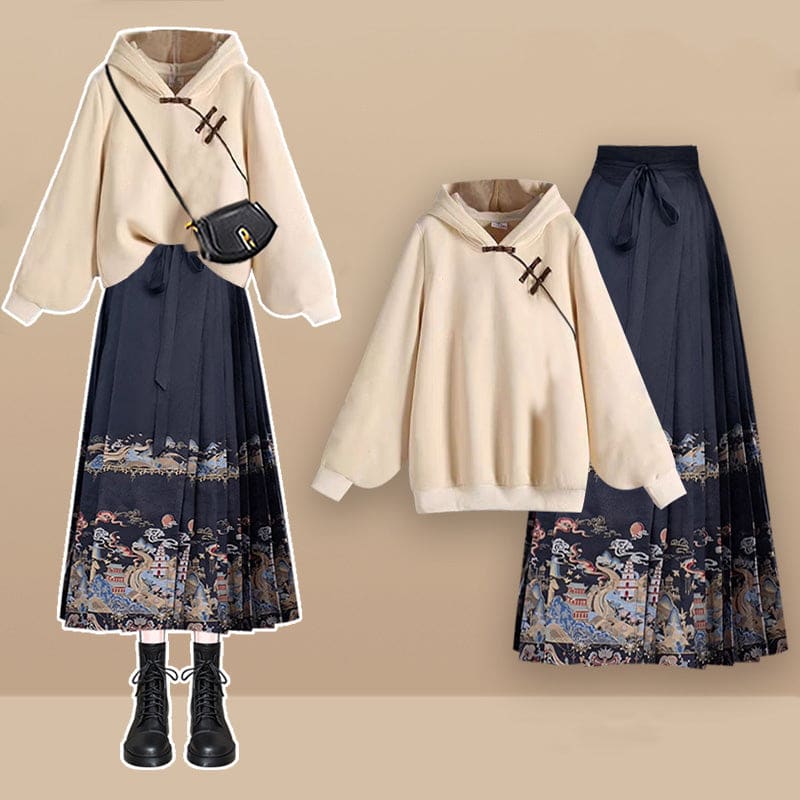 Vintage Buckle Plush Hoodie Embroideried Pleated Skirt