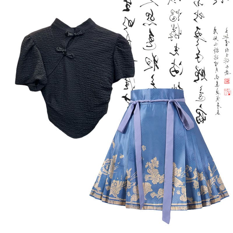 Vintage Buckle Shirt Blue Lace-up Pleated Skirt - Black