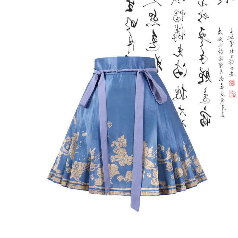 Vintage Buckle Shirt Blue Lace-up Pleated Skirt - Skirt / M