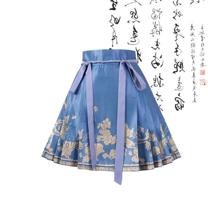 Vintage Buckle Shirt Blue Lace-up Pleated Skirt - Skirt / M