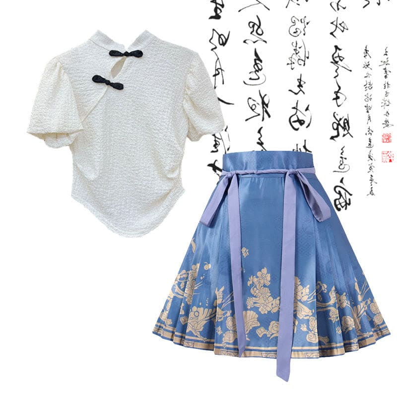 Vintage Buckle Shirt Blue Lace-up Pleated Skirt - White