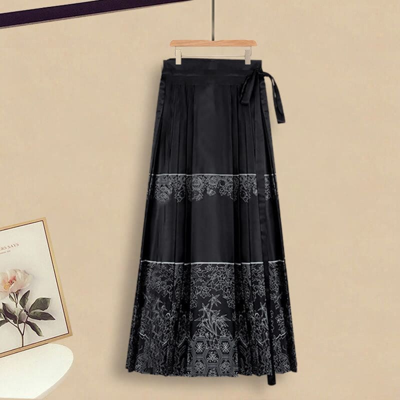 Vintage Buckle Shirt Flower Print Pleated Skirt - Black