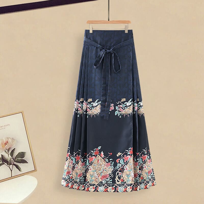 Vintage Buckle Shirt Flower Print Pleated Skirt - Purplish