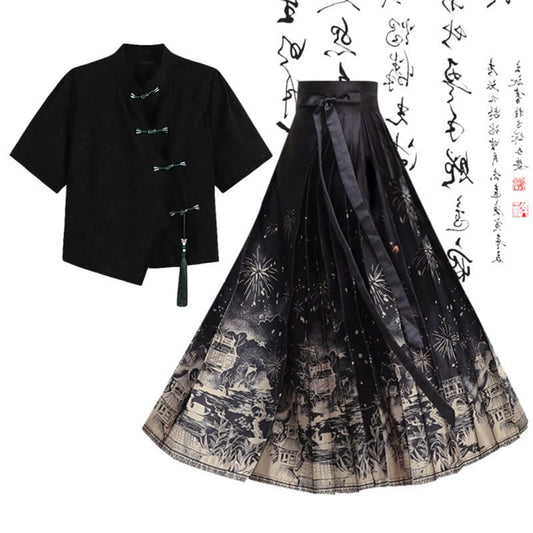 Vintage Buckle Tassel Shirt Ancient Pleated Skirt - Black