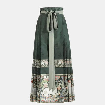 Vintage Buckle Tassel Shirt Green Pleated Skirt - Skirt / M