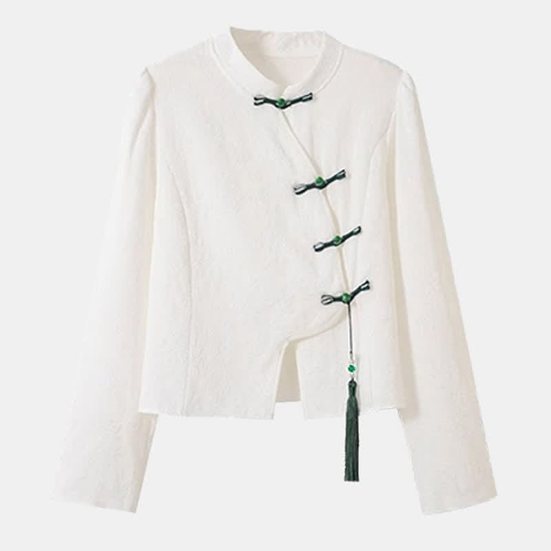 Vintage Buckle Tassel Shirt Green Pleated Skirt - Shirt / M