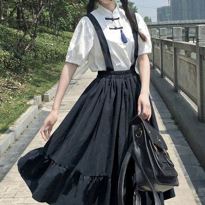 Vintage Buckle Tassel T-Shirt Suspender Skirt Set - Black