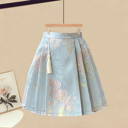 Vintage Buckle Tassels T-Shirt Pleated Skirt - Blue Skirt