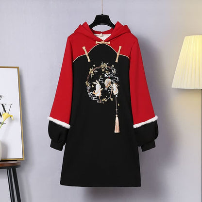 Vintage Bunny Tassel Plush Hooded Sweatshirt Dress - Black