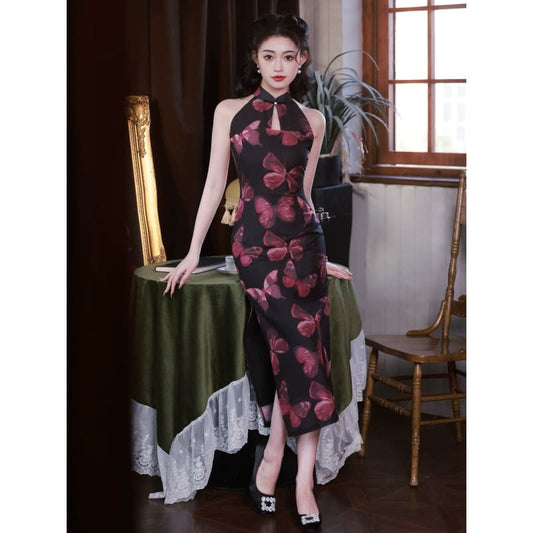 Vintage Butterfly Black Cheongsam - S - Female Hanfu