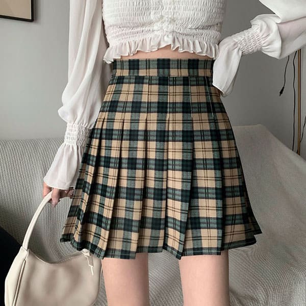 Vintage Campus Plaid Skirt - S / Green/beige - Skirt