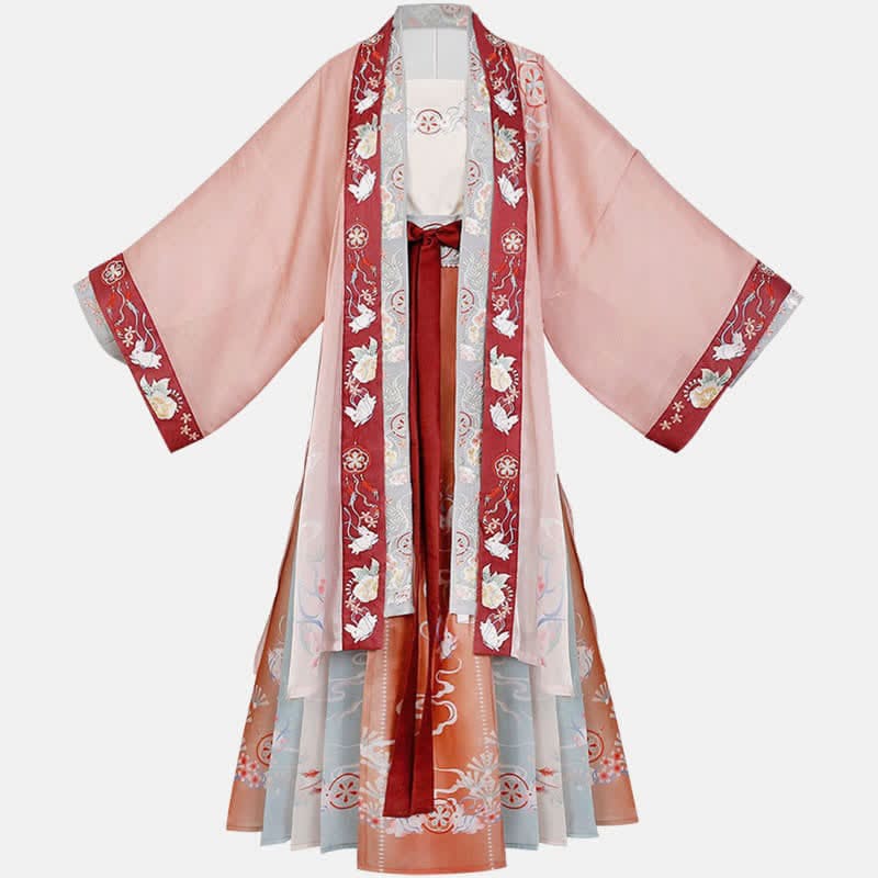 Vintage Cartoon Bunny Floral Embroidery Hanfu Set - Orange