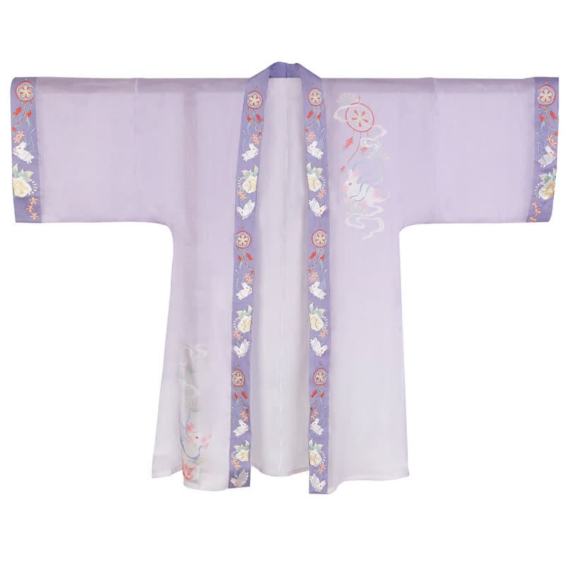 Vintage Cartoon Bunny Floral Embroidery Hanfu Set - Purple