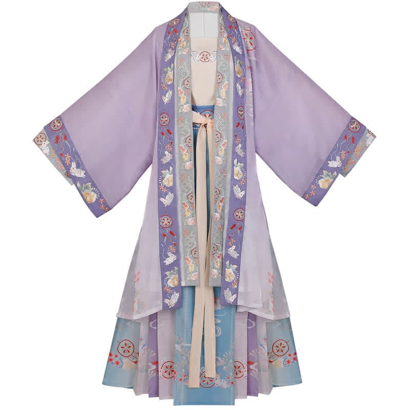 Vintage Cartoon Bunny Floral Embroidery Hanfu Set - Purple