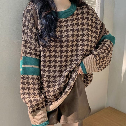 Vintage Casual Check Sweater - Sweater