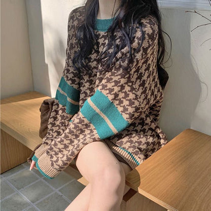 Vintage Casual Check Sweater - Sweater