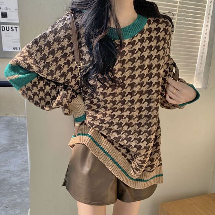 Vintage Casual Check Sweater - Sweater