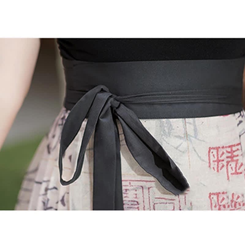 Vintage Character Print Pleated Lace Up Hanfu Skirt