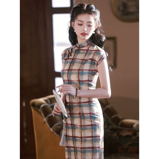 Vintage Checker Patterned Cheongsam - Female Hanfu