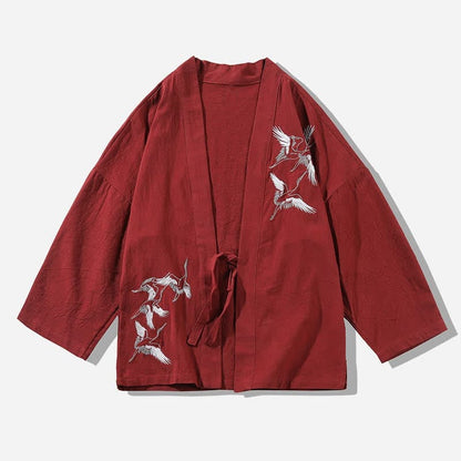 Vintage Crane Embroidery Outerwear - Red / M