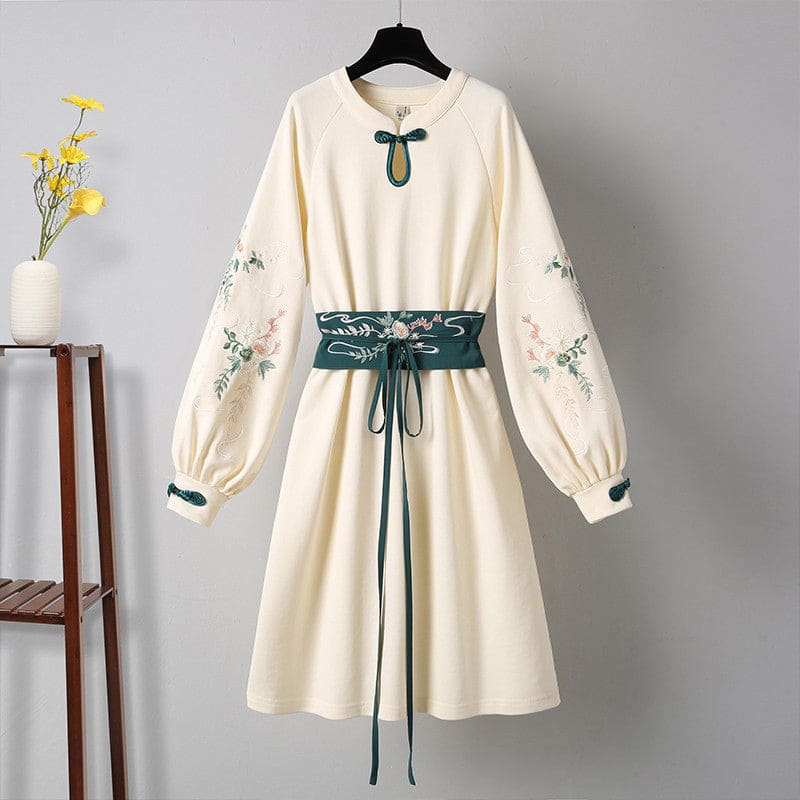 Vintage Crane Embroidery Plush Sweatshirt Dress - Apricot